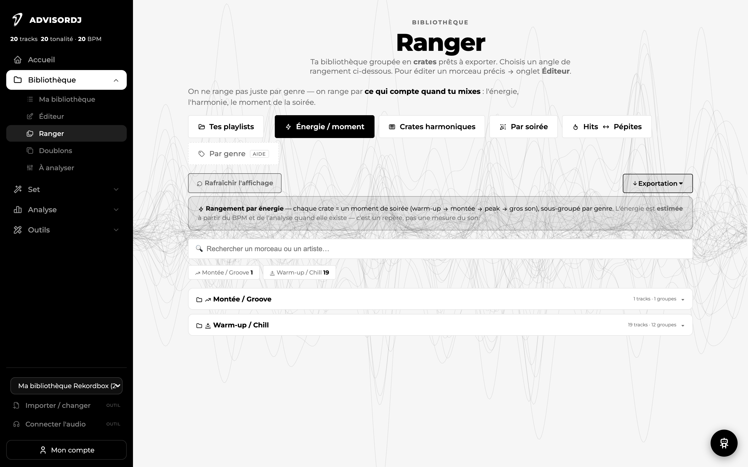 Barre latérale AdvisorDJ ouverte sur Bibliothèque puis Ranger