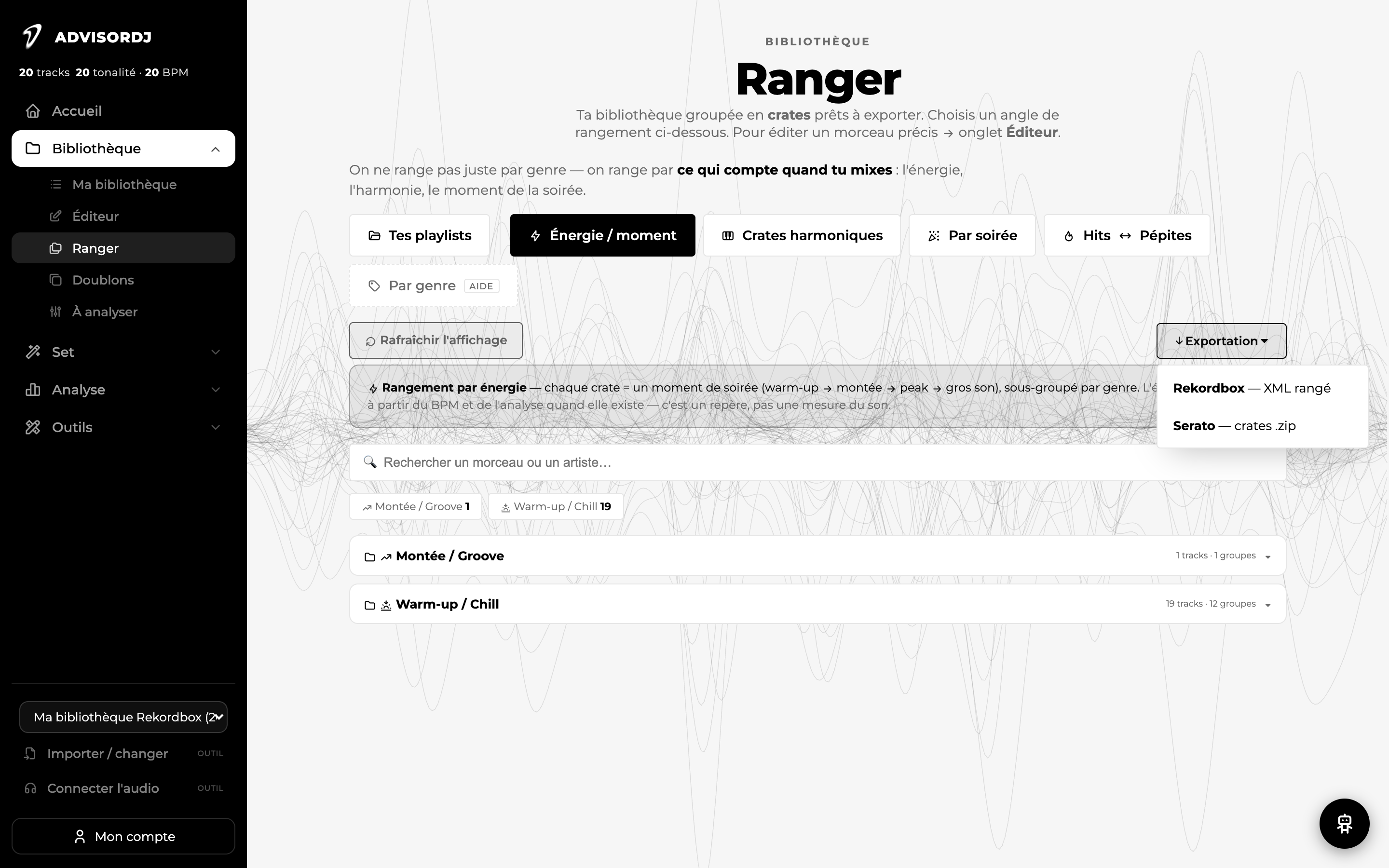 Menu Exportation déplié : Rekordbox XML rangé et Serato crates .zip