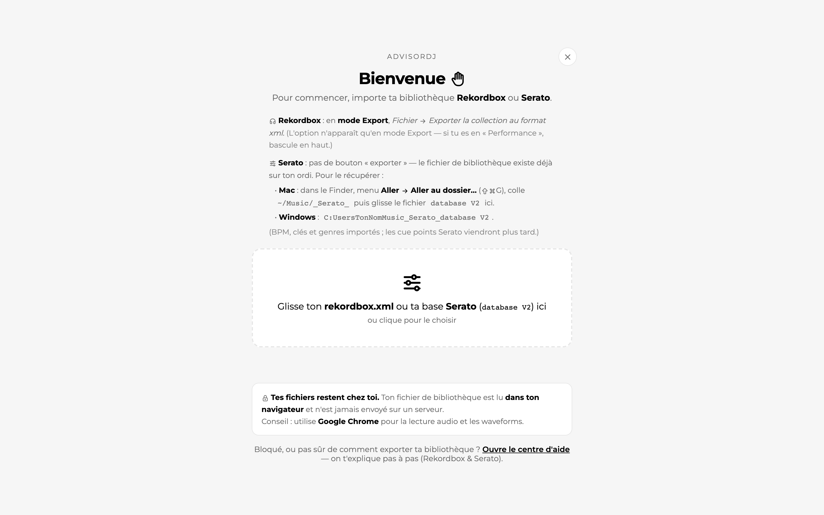 AdvisorDJ : écran Importer / changer, zone de dépôt du fichier