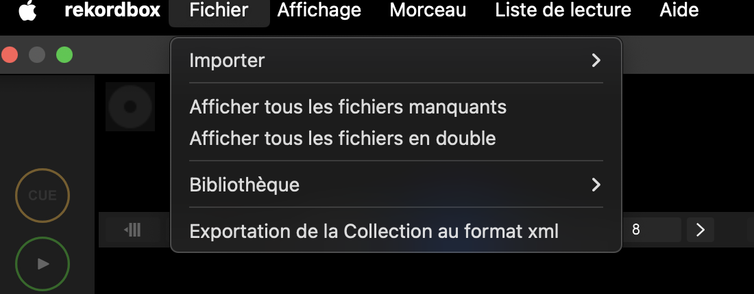 Rekordbox : menu Fichier, Exporter la collection au format xml