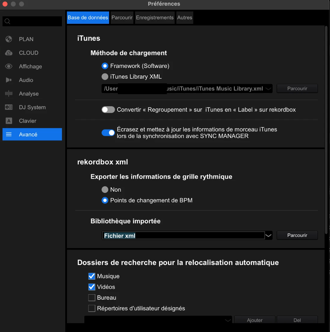 Rekordbox Préférences, onglet Avancé, section rekordbox xml, champ Bibliothèque importée avec bouton Parcourir