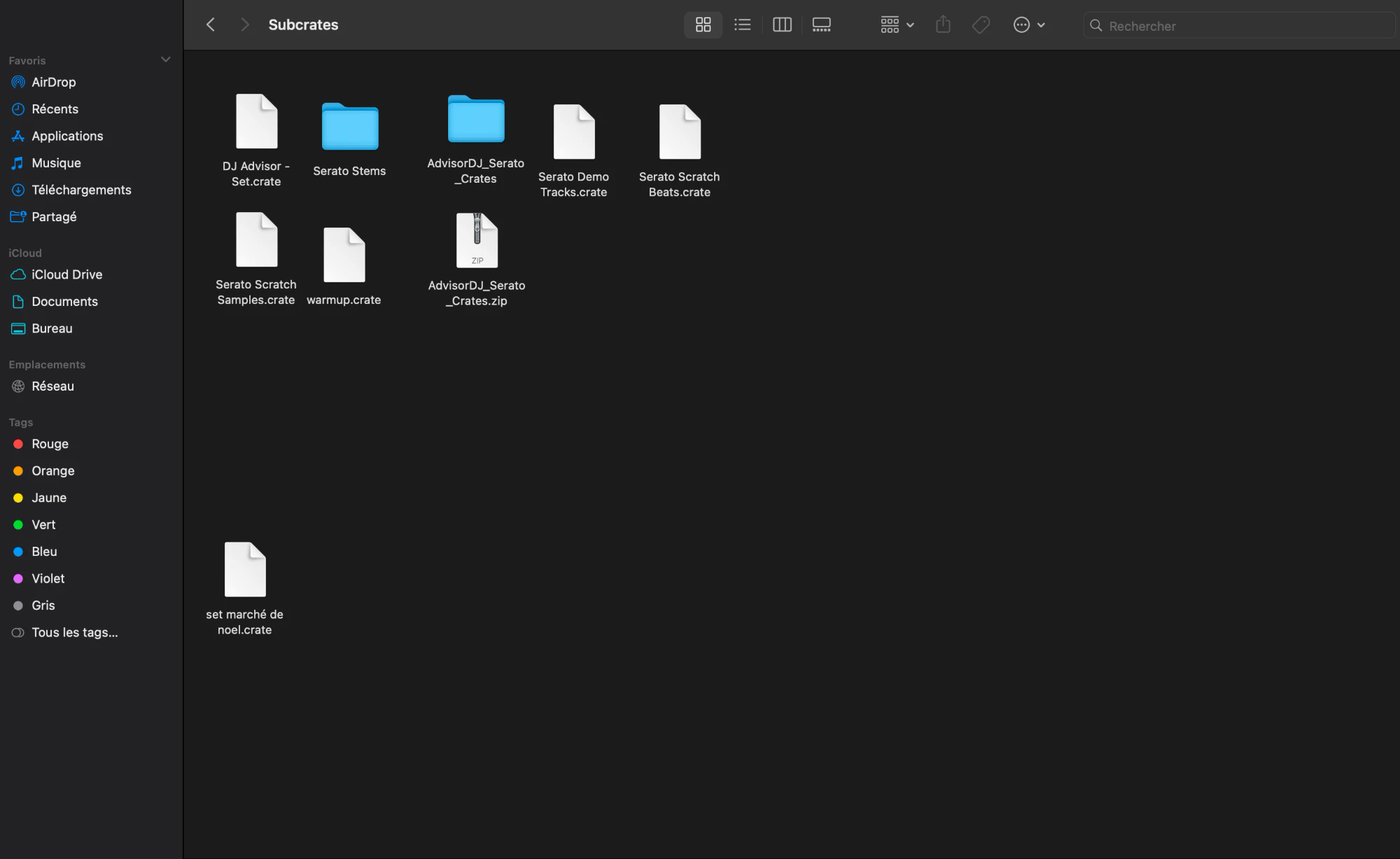 Finder : dossier _Serato_/Subcrates avec les crates AdvisorDJ déposés